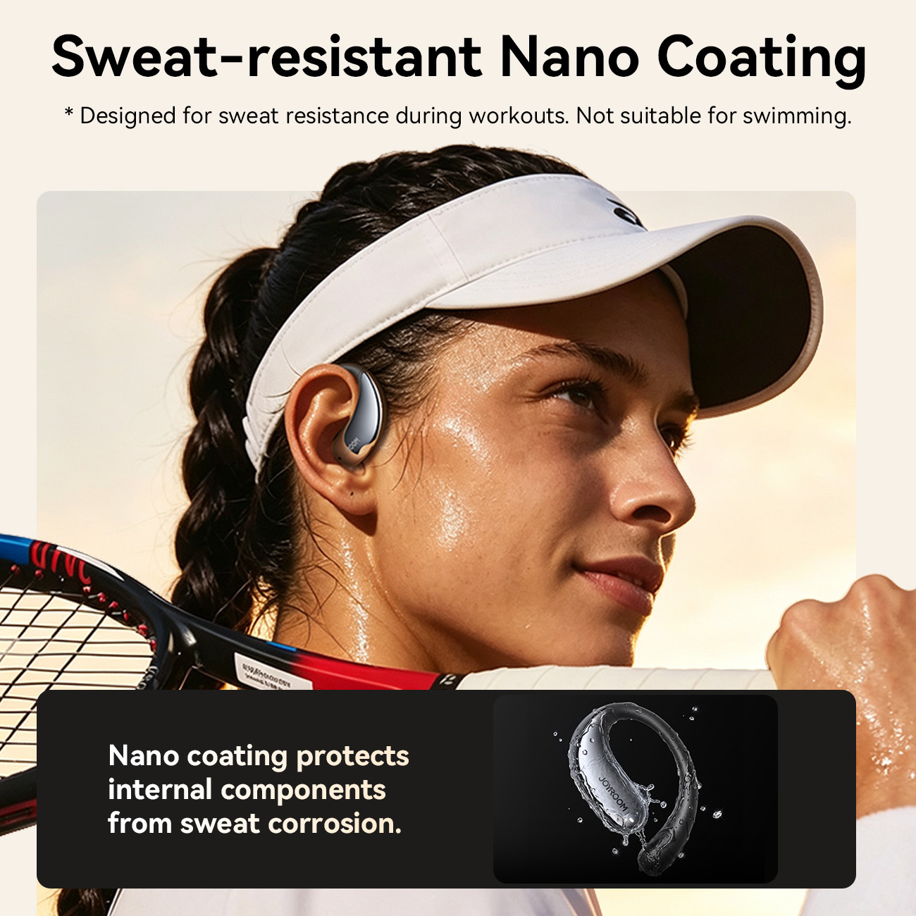 JOYROOM OW3 open-ear sports earbuds worn by female tennis player with diagram showing sweat-resistant nano coating for IPX4 protection.
