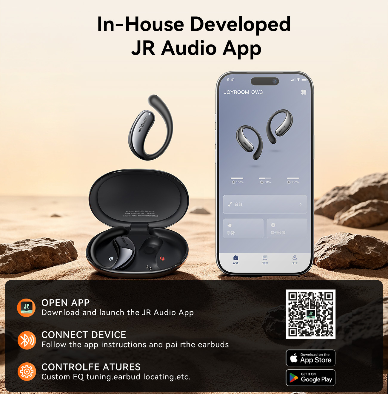 JOYROOM OW3 open-ear wireless earbuds connected to JR Audio App on smartphone displaying battery status, custom EQ tuning, and touch controls.