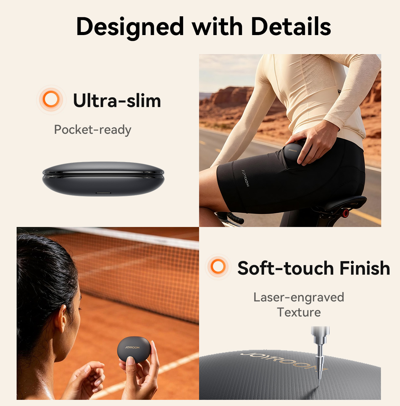 JOYROOM OW3 open-ear wireless earbuds charging case showcasing ultra-slim pocket-ready profile and laser-engraved soft-touch texture finish.
