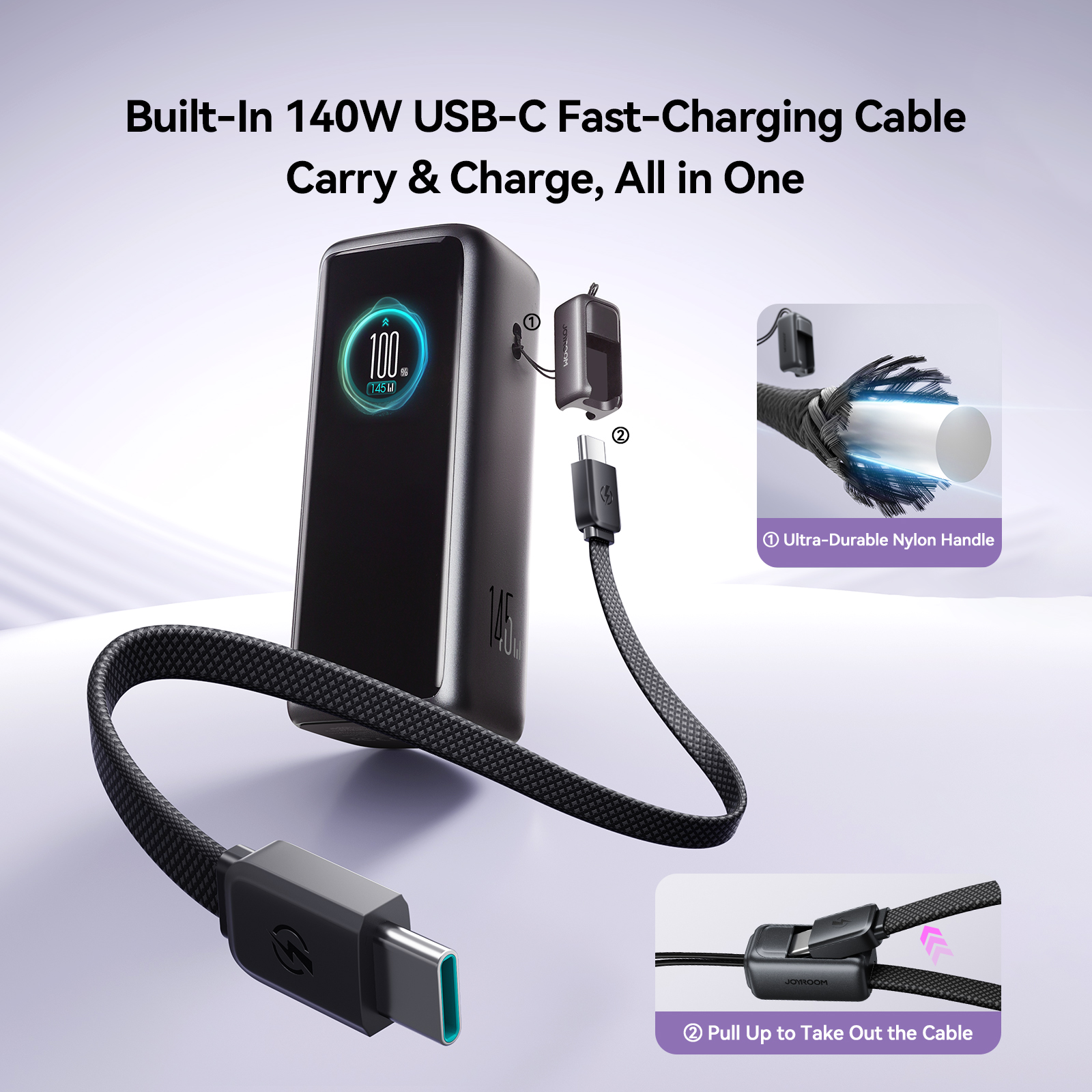 PODIX PC50 145W 20000mAh power bank featuring detachable 140W USB-C fast charging cable and durable nylon lanyard handle.