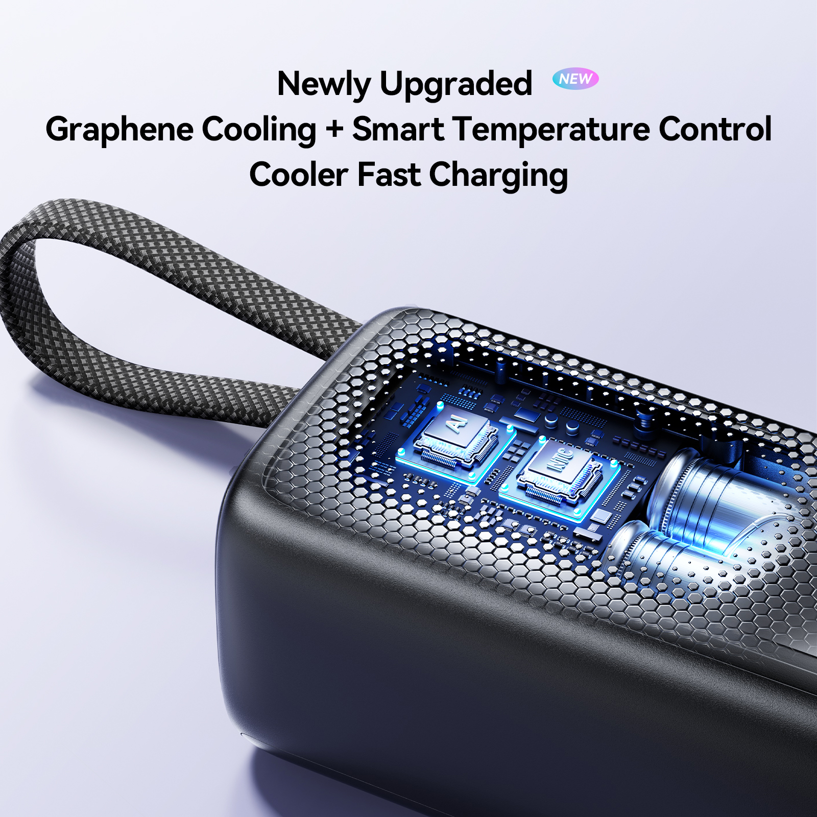 PODIX PC50 145W power bank transparent view showing graphene cooling layer with AI smart chip and NTC temperature control for cooler fast charging.