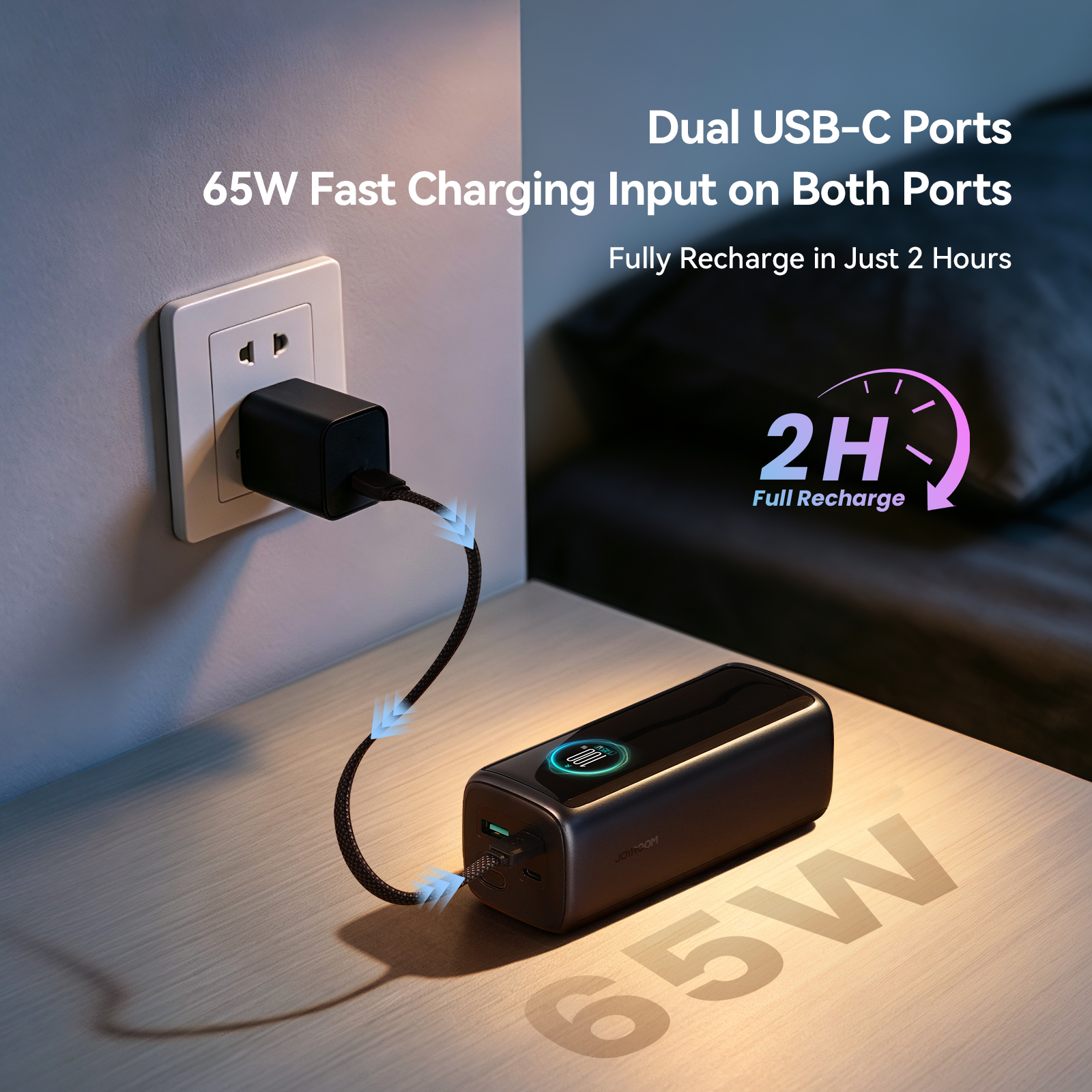 PODIX PC50 145W 20000mAh power bank charging on bedside table via 65W USB-C input for 2-hour full recharge.