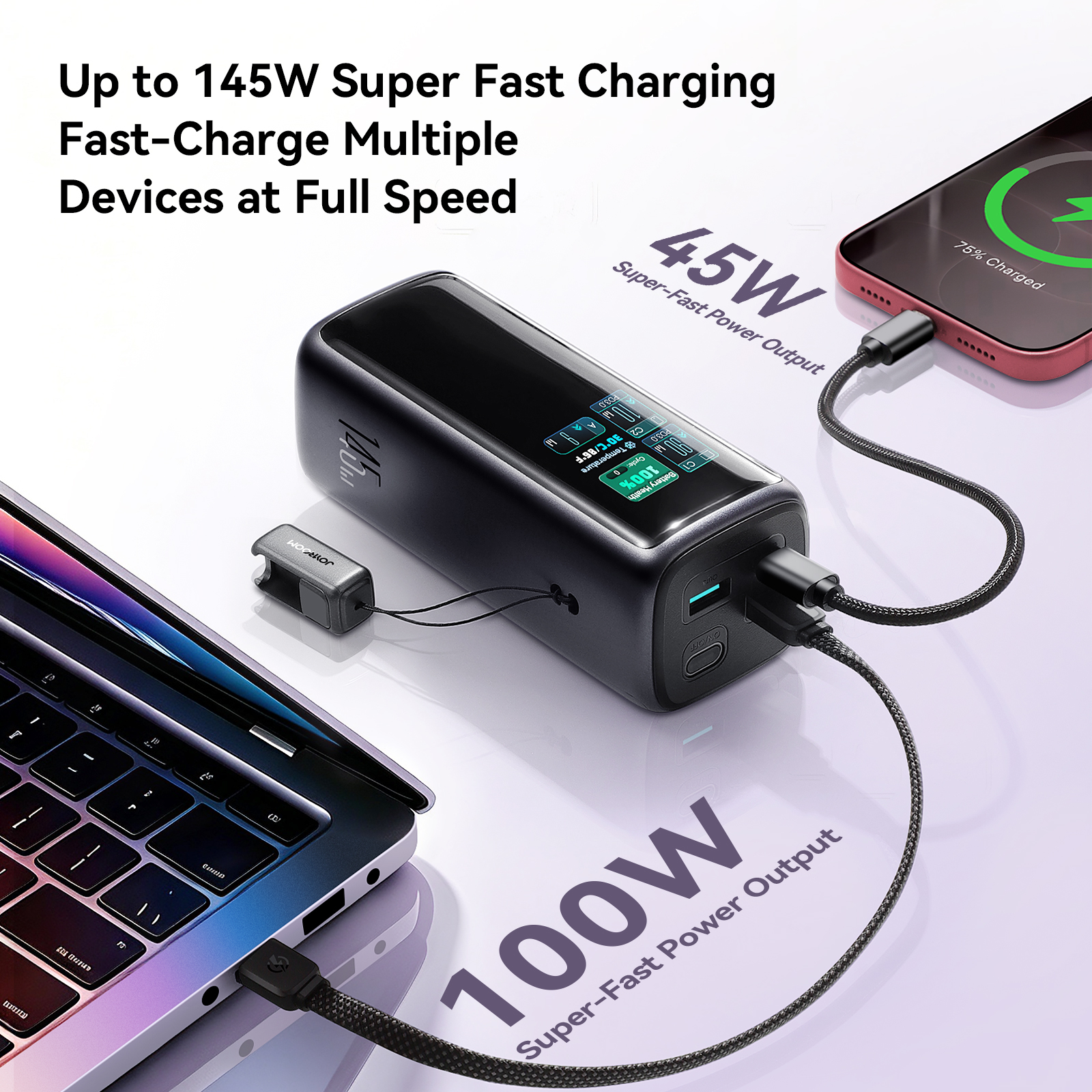 PODIX PC50 145W power bank with TFT color screen fast charging laptop at 100W and smartphone at 45W simultaneously.