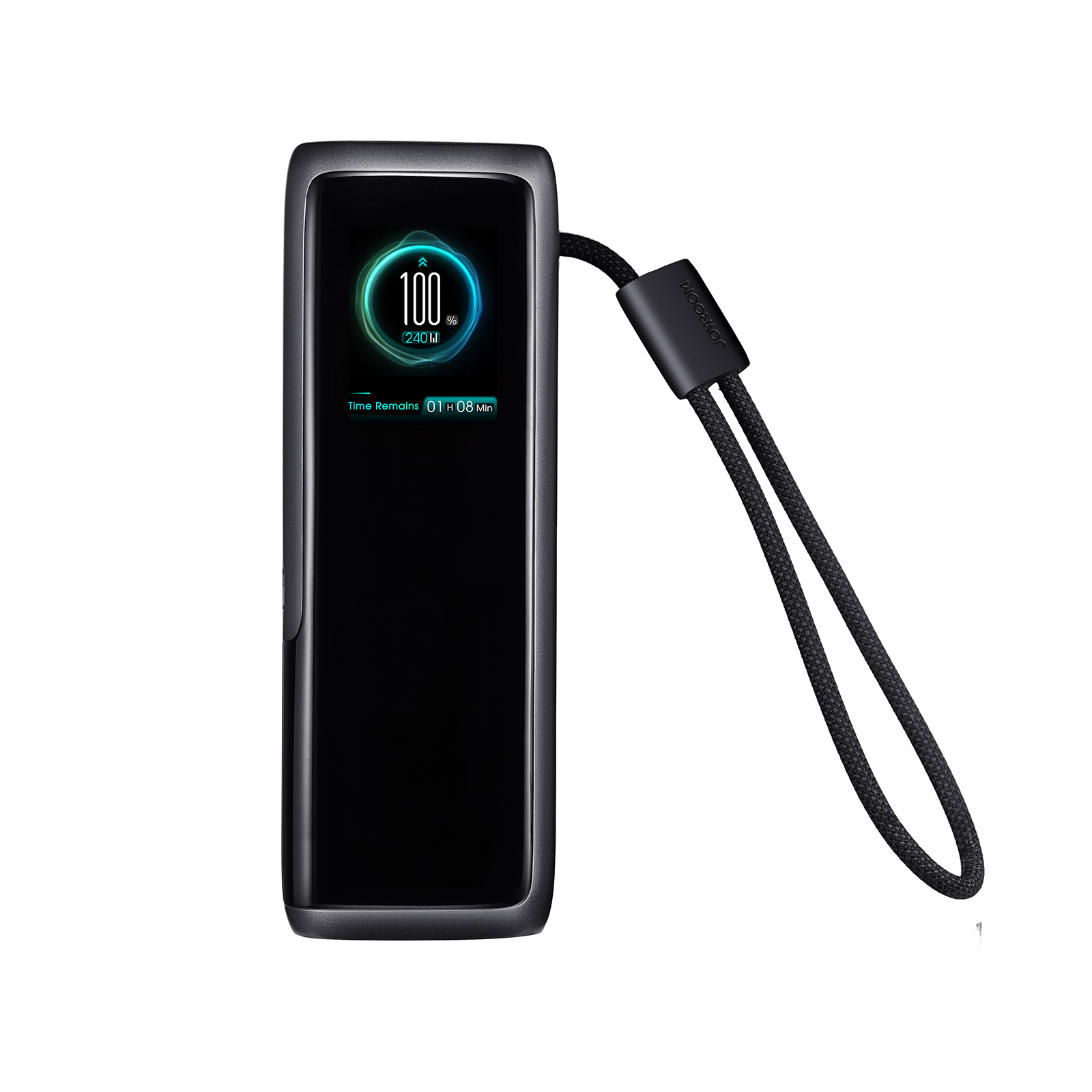 PODIX PR70 240W power bank front view showing TFT color screen with 100 percent battery and lanyard