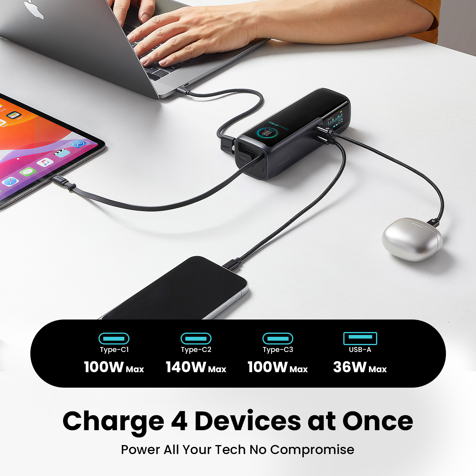 PODIX PR70 240W power bank charging 4 devices simultaneously including laptop, tablet, phone, and earbuds
