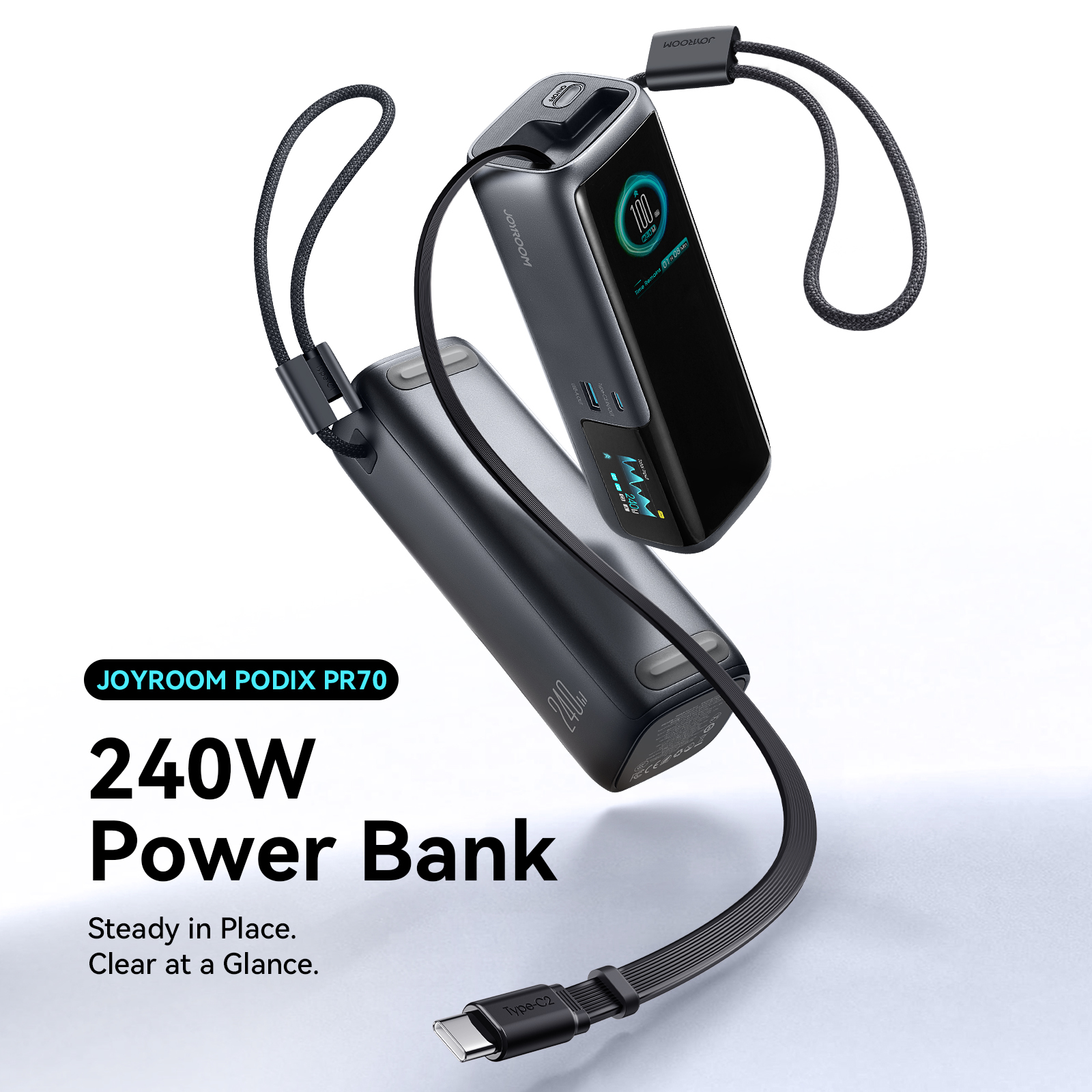 PODIX PR70 240W power bank featuring dual TFT smart displays and built-in Type-C2 retractable cable
