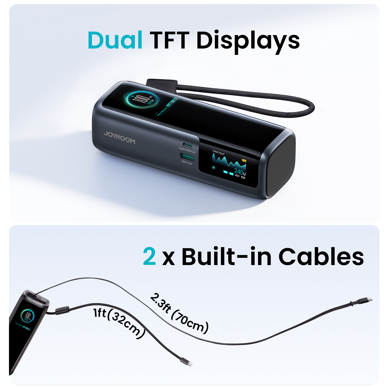 PODIX PR70 240W power bank featuring dual TFT smart displays and 2 built-in Type-C cables 1ft and 2.3ft
