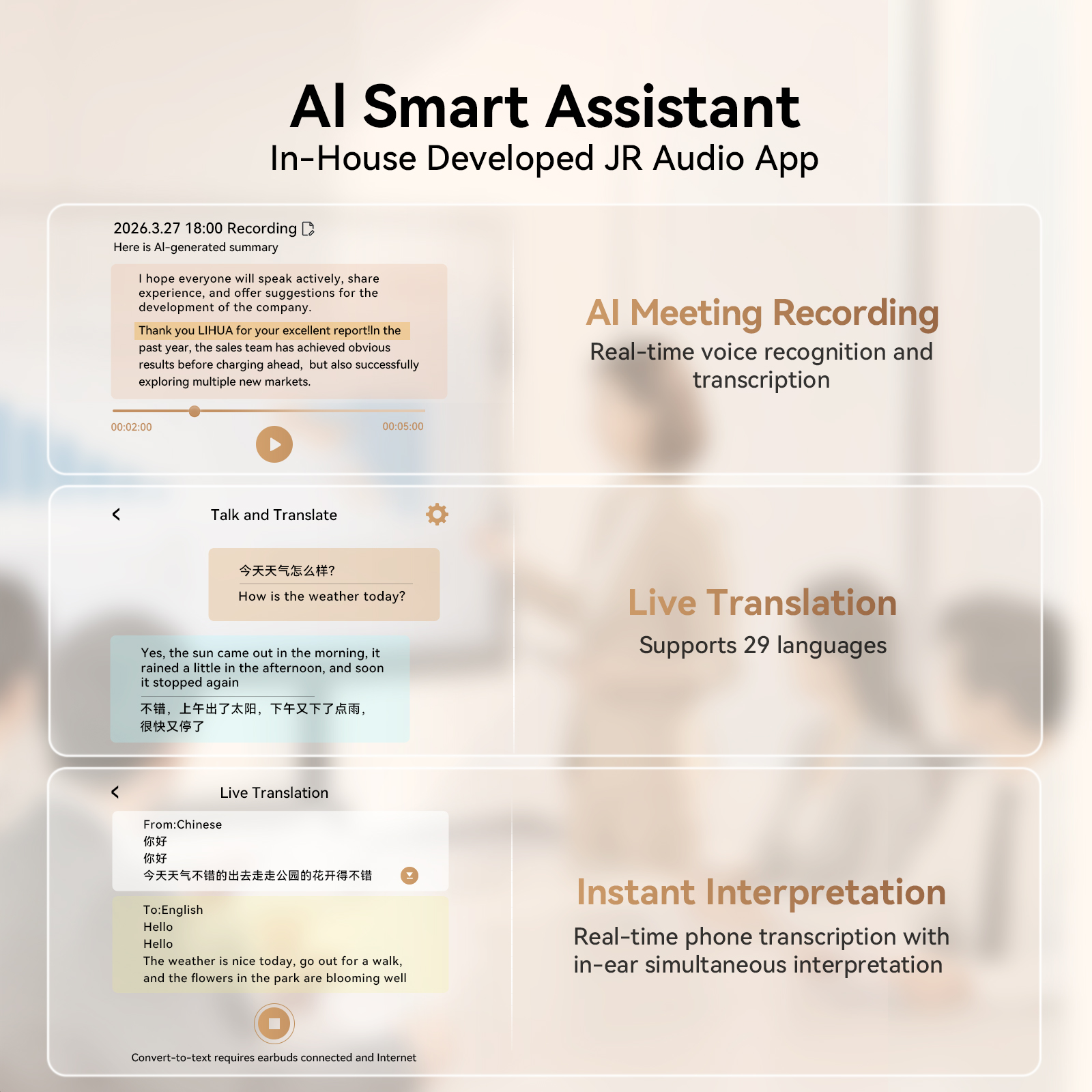 JOYROOM R3 Adaptive Noise-Canceling Bluetooth Earbuds AI smart assistant app interface showing AI meeting recording, live translation supporting 29 languages, and instant in-ear interpretation. Heading text reads 'AI Smart Assistant, In-House Developed JR Audio App