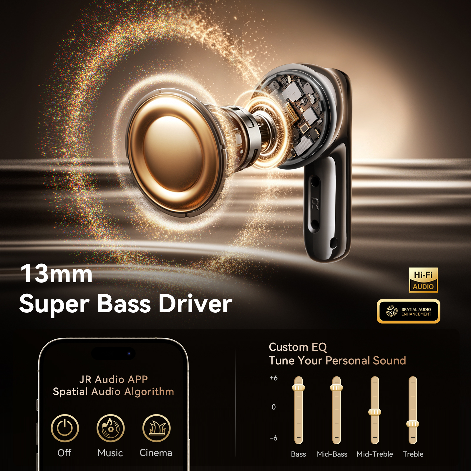 JOYROOM R3 Adaptive Noise-Canceling Bluetooth Earbuds internal view showing 13mm Super Bass Driver with Hi-Fi audio, spatial audio enhancement, and JR Audio App custom EQ tuning interface. Heading text reads '13mm Super Bass Driver