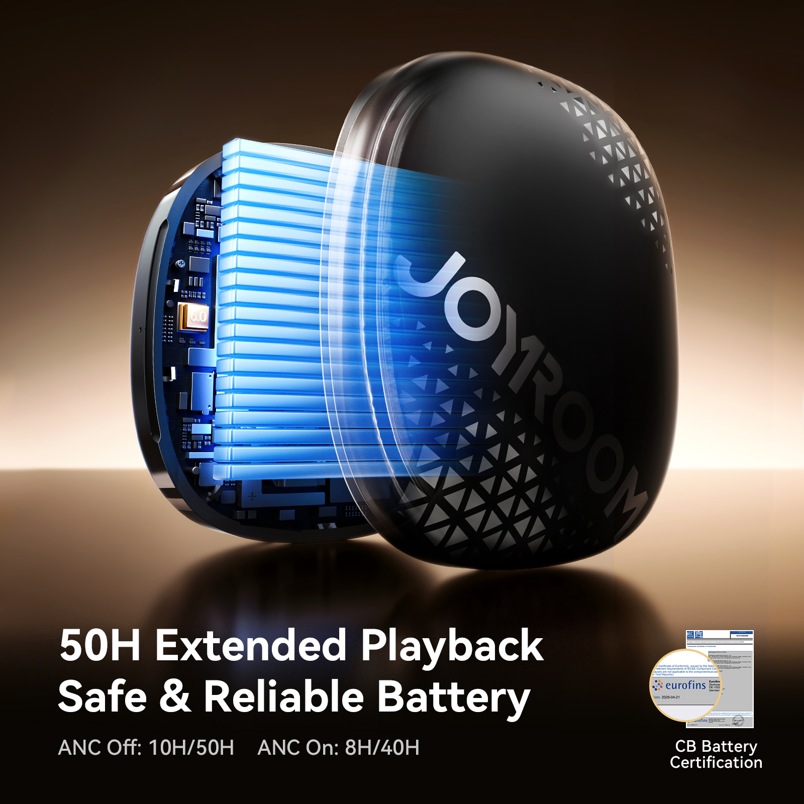 JOYROOM R3 Adaptive Noise-Canceling Bluetooth Earbuds charging case internal battery view showing 50-hour total battery life, BT 6.0 chip, and CB battery certification badge. Heading text reads '50H Extended Playback, Safe & Reliable Battery