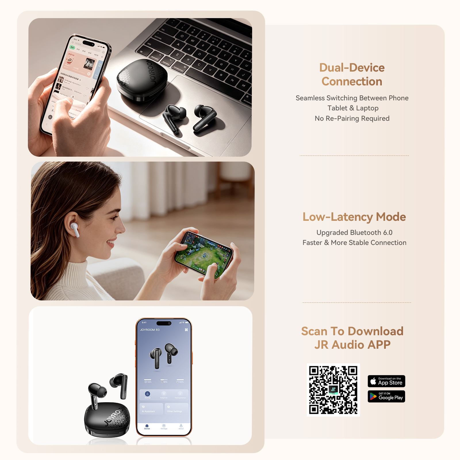 JOYROOM R3 Adaptive Noise-Canceling Bluetooth Earbuds multi-scenario usage showing dual-device connection between phone and laptop, Bluetooth 6.0 low-latency gaming mode, and JR Audio App download QR code.