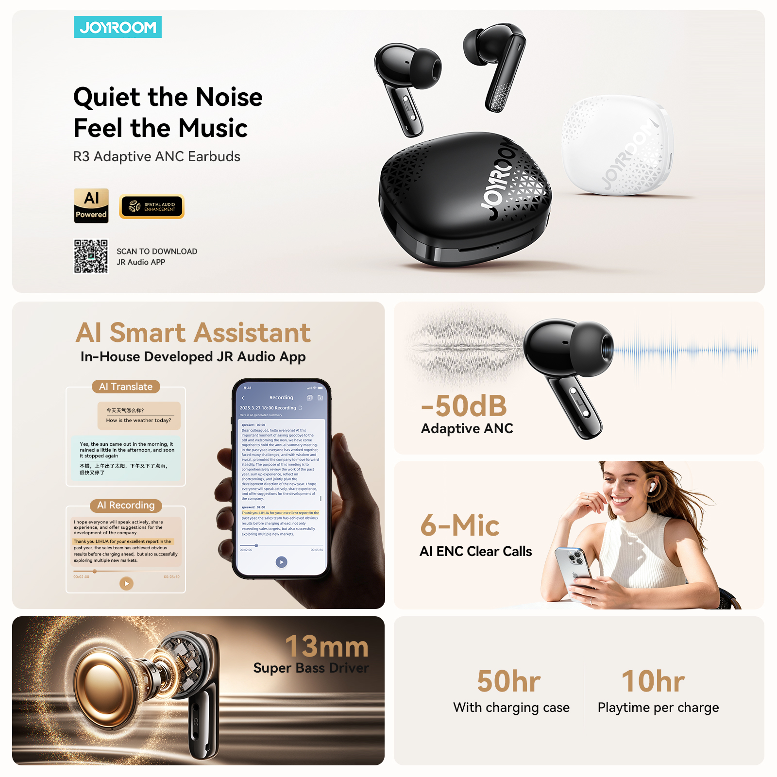 JOYROOM R3 Adaptive Noise-Canceling Bluetooth Earbuds key features overview showing AI smart assistant app, -50dB adaptive ANC, 6-mic AI ENC clear calls, 13mm dynamic driver, and 50-hour total battery life.