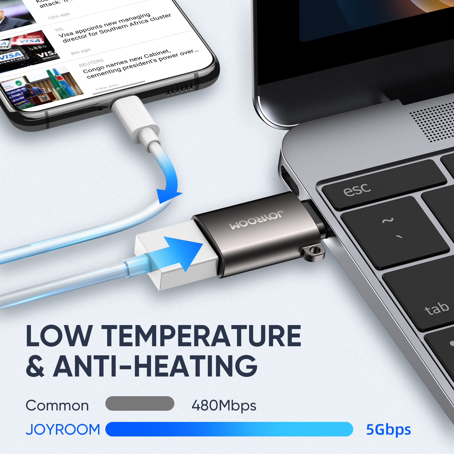 JOYROOM S-H151 Type-C to USB 3.0 female adapter plugged into a laptop, demonstrating low temperature anti-heating operation and 5Gbps high-speed transmission