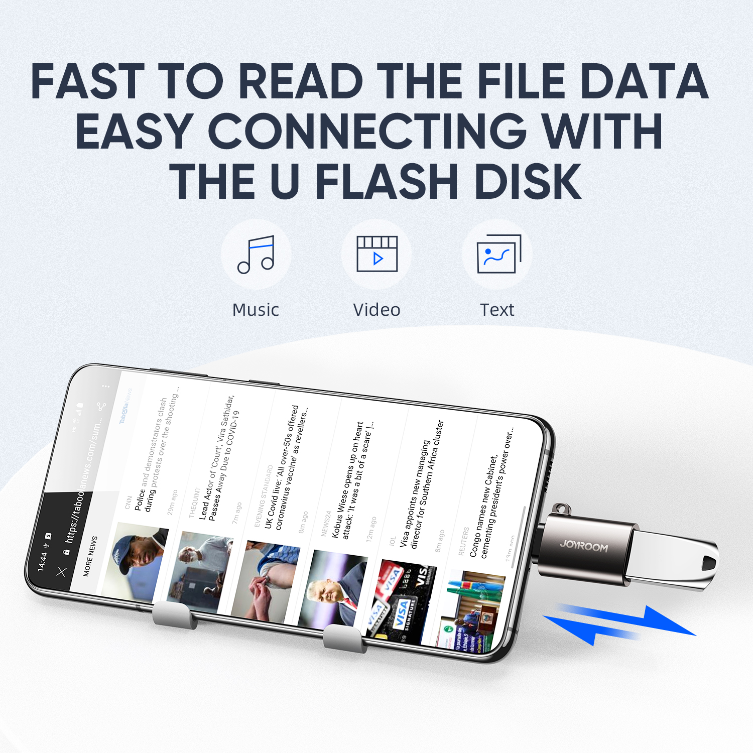 JOYROOM S-H151 Type-C Male to USB Female Adapter connected to a smartphone, reading data from a U flash disk. The image shows the phone screen displaying news and indicates file transfer with a blue arrow. Text overlay states 'FAST TO READ THE FILE DATA, EASY CONNECTING WITH THE U FLASH DISK', along with icons for Music, Video, and Text, highlighting OTG compatibility and high compatibility.