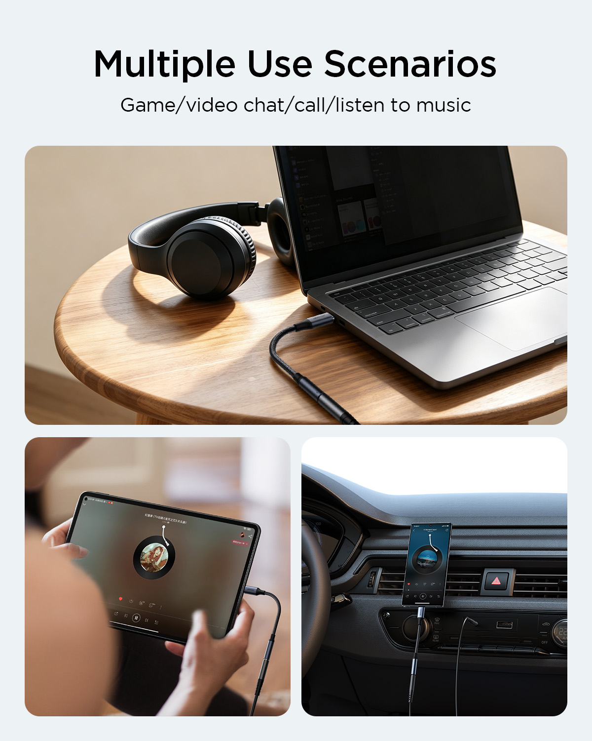 Three lifestyle scenes showcasing the JOYROOM SY-C01 Audio-Transfer Series Audio Adapter (Type-C to 3.5mm)-Black. The image features a braided nylon cable and aluminum alloy shell connecting to a laptop with headphones, a tablet for video chat, and a car audio system for music. It supports multiple use scenarios: game, video chat, call, and listen to music with wide compatibility.