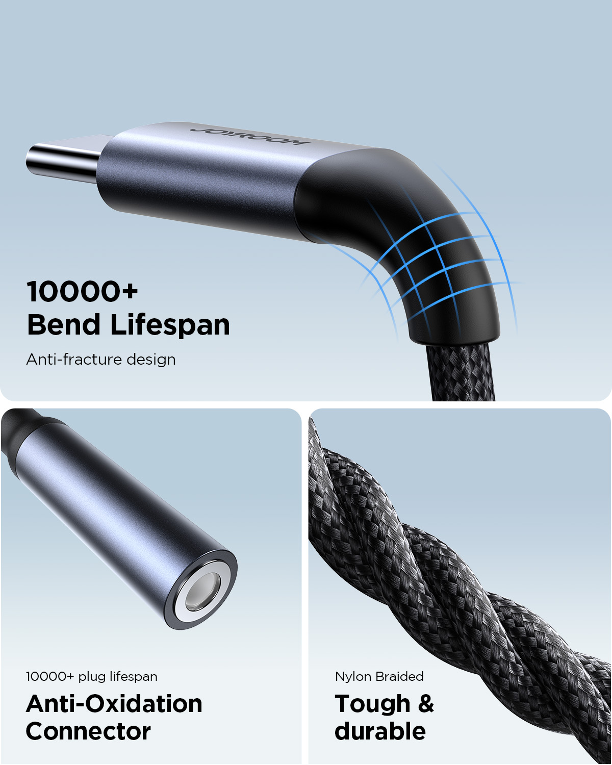 JOYROOM SY-C01 Type-C to 3.5mm audio adapter macro detail showing 10000+ bend lifespan anti-fracture design, 10000+ plug lifespan anti-oxidation connector, and tough durable nylon braided cable in black.