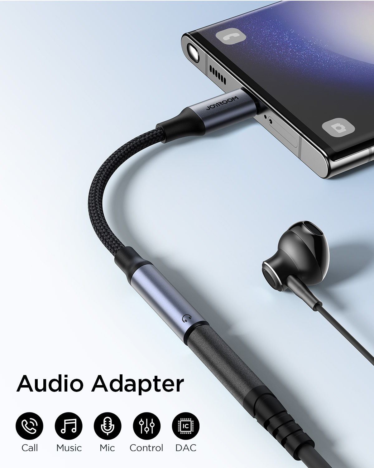JOYROOM SY-C01 Type-C to 3.5mm audio adapter connected to a smartphone and wired earphones. The image features a black braided nylon cable, aluminum alloy shell, and icons highlighting Call, Music, Mic, Control, and smart DAC chip functions.