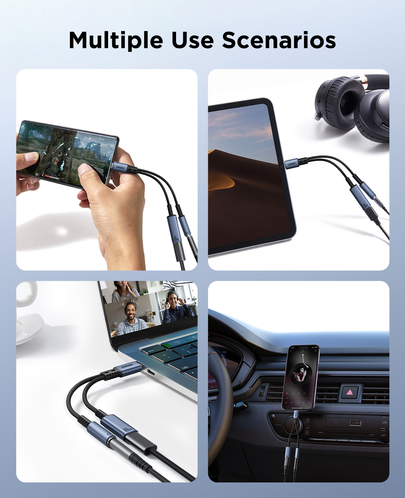 JOYROOM SY-C02 2-in-1 Type-C audio adapter showing multiple use scenarios: gaming on phone, listening to music on tablet, online conference on laptop, and in-car navigation audio