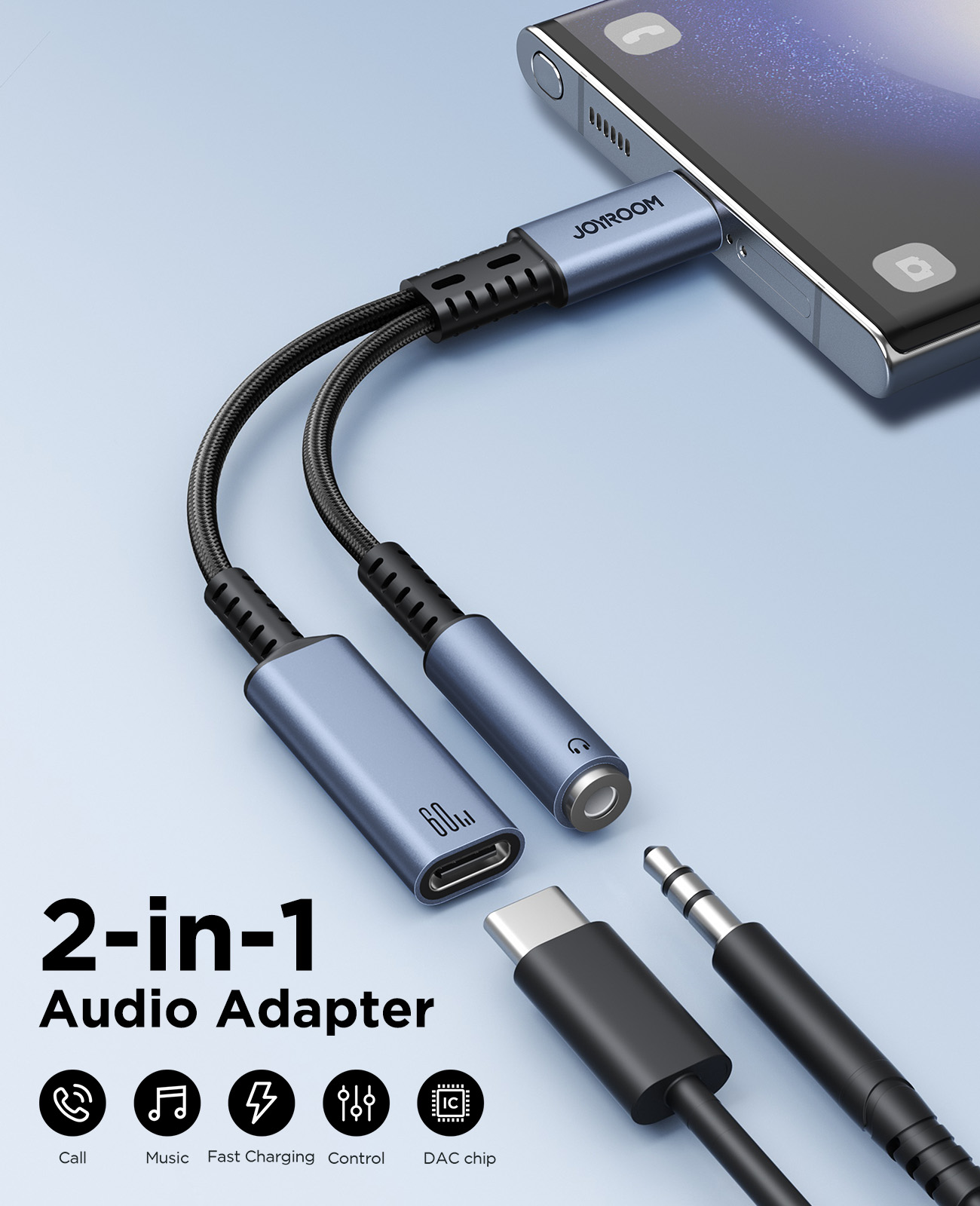 JOYROOM SY-C02 Audio-Transfer Series 2-in-1 Type-C to 3.5mm Headphone Jack and USB-C 60W Fast Charging Adapter with Built-in DAC Chip