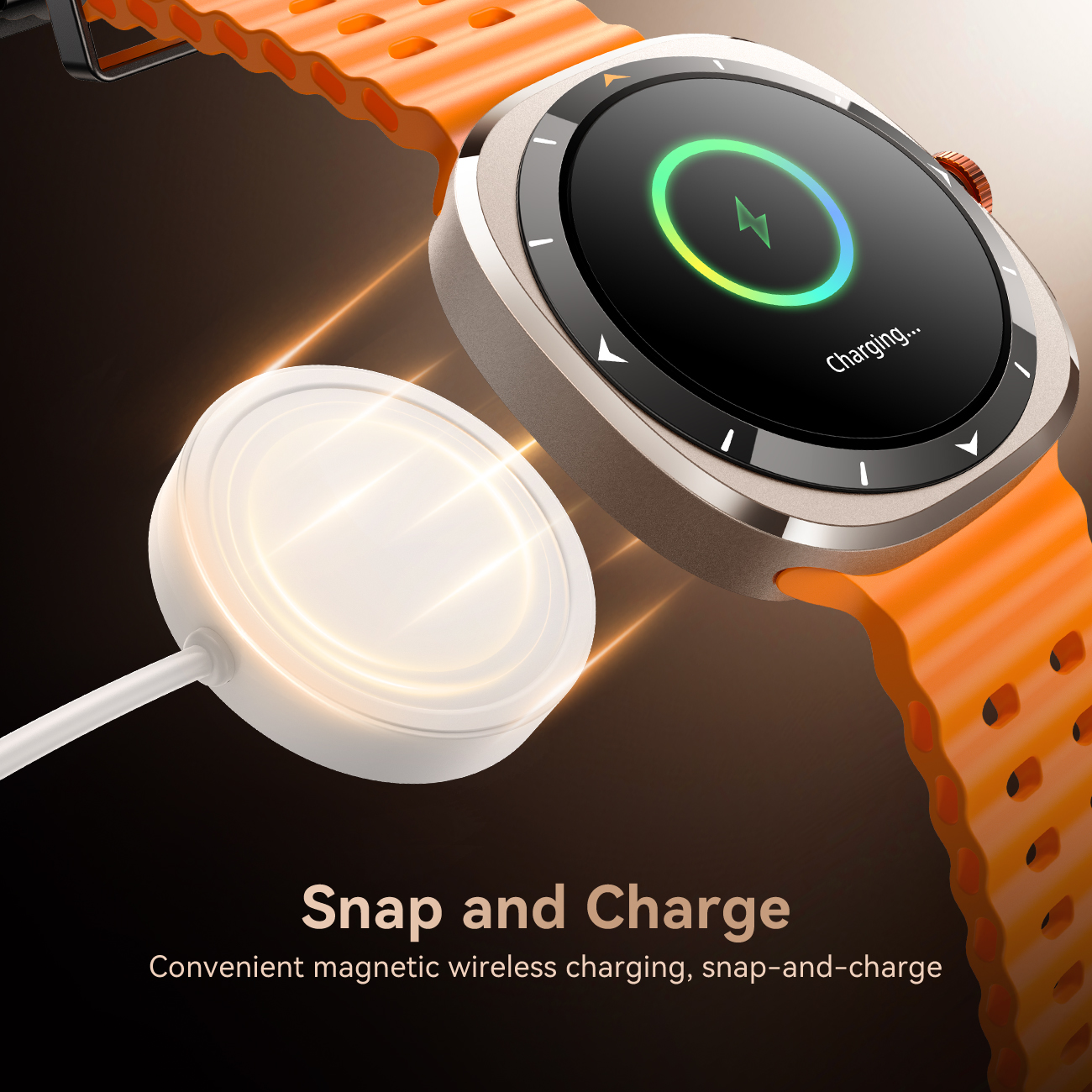 JOYROOM Venture Series JR-FV2 Smart Watch in orange showing magnetic wireless charging snap-and-charge alignment with screen displaying green charging animation