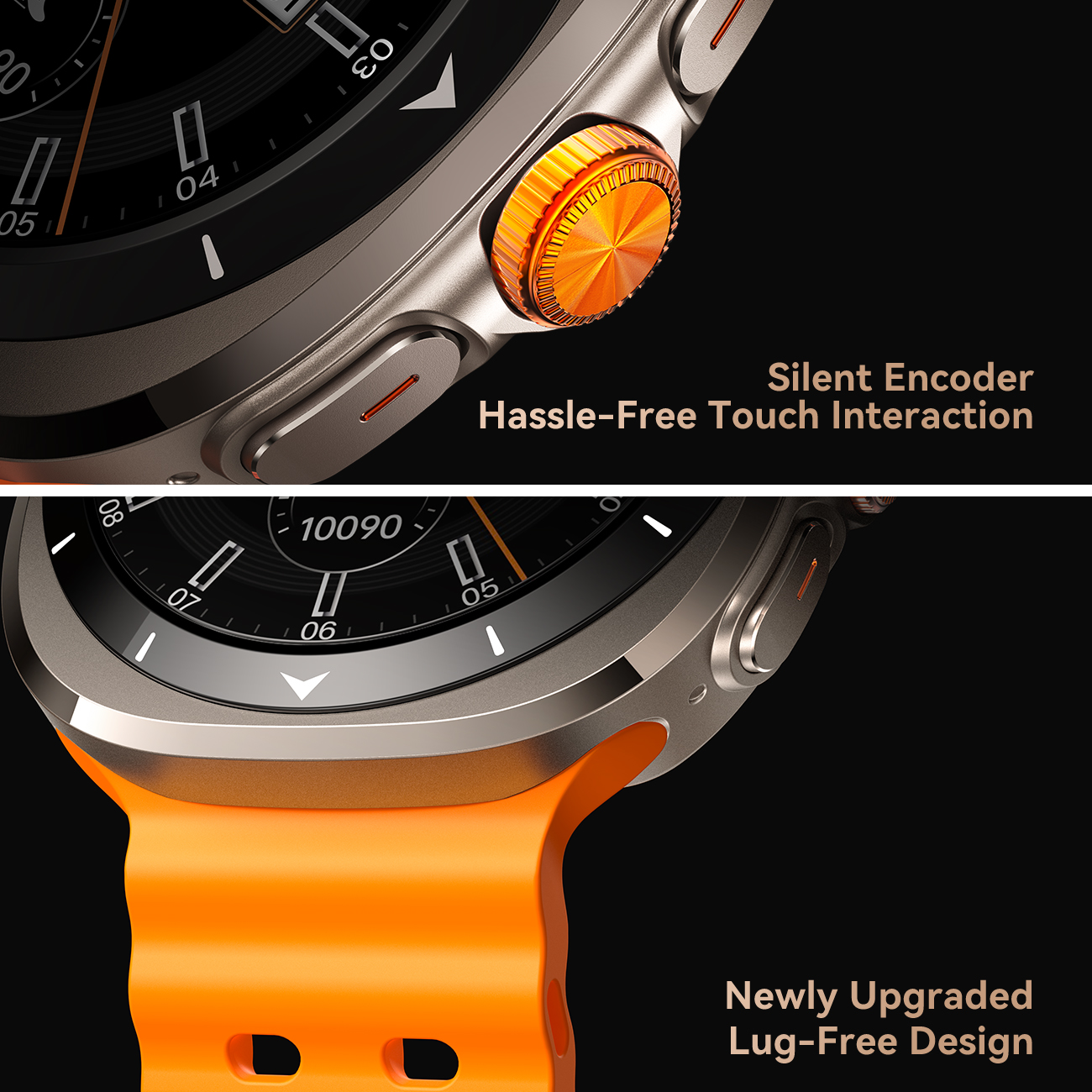 JOYROOM Venture Series JR-FV2 Smart Watch detail view showing the metallic orange smart crown with silent encoder and the newly upgraded lug-free body design
