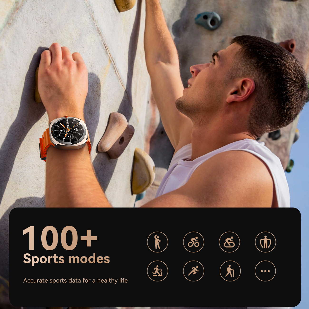 JOYROOM Venture Series JR-FV2 Smart Watch in orange worn during outdoor rock climbing featuring 100+ sports modes and sports tracking icons