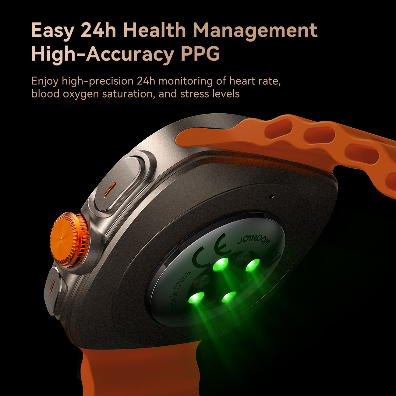 JOYROOM Venture Series JR-FV2 Smart Watch bottom view showing high-accuracy PPG optical sensor glowing green light for 24h health monitoring including heart rate, SpO2, and stress levels