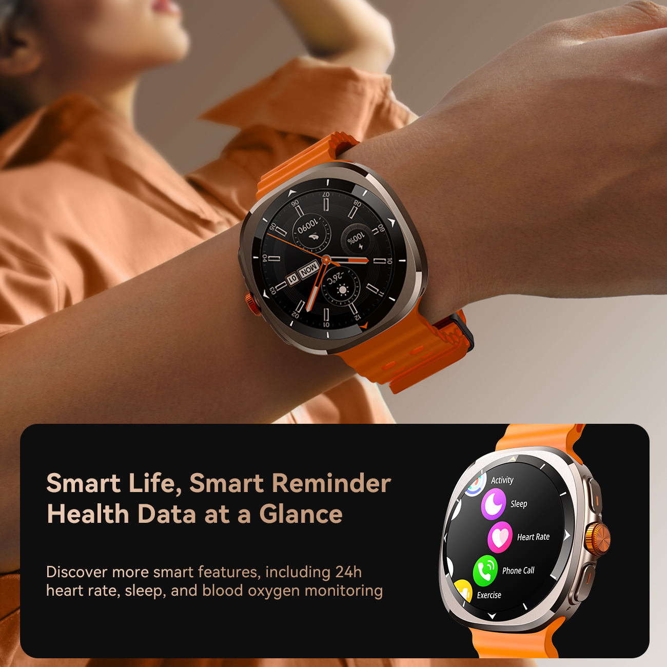 JOYROOM Venture Series JR-FV2 Smart Watch in orange worn on wrist displaying smart widget menu with phone calls, heart rate, and sleep tracking icons