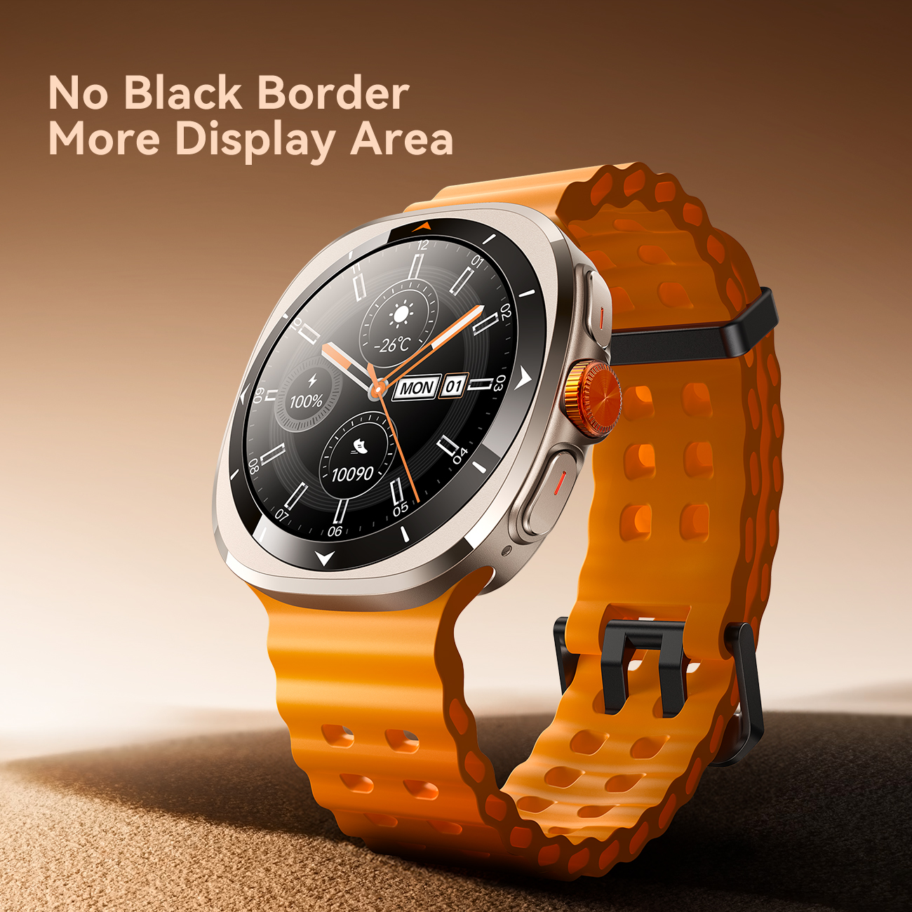 JOYROOM Venture Series JR-FV2 Smart Watch in orange displaying a 1.43-inch round AMOLED screen with no black border, square metal frame, and smart crown