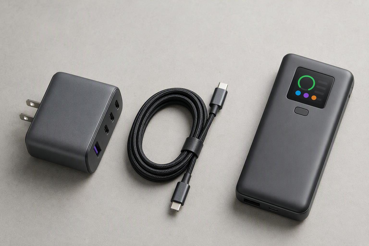 A multi-port charger, braided USB-C cable and slim power bank arranged on a neutral surface