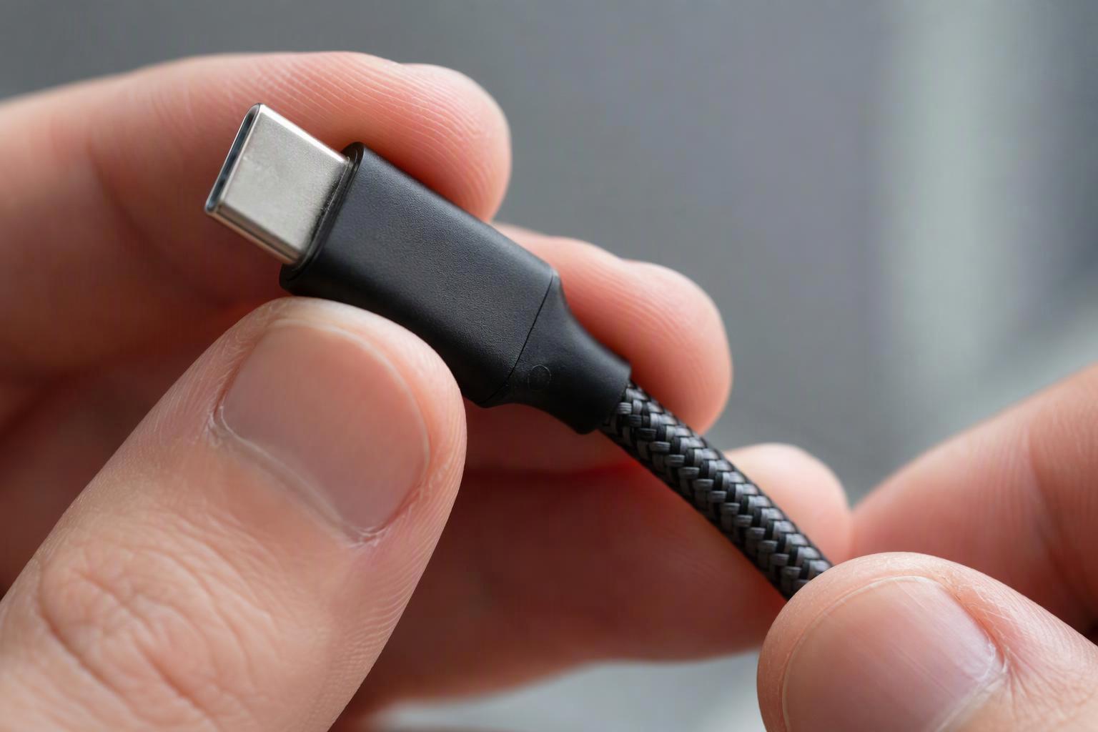Close-up of a braided USB-C cable connector where the jacket meets the metal shell