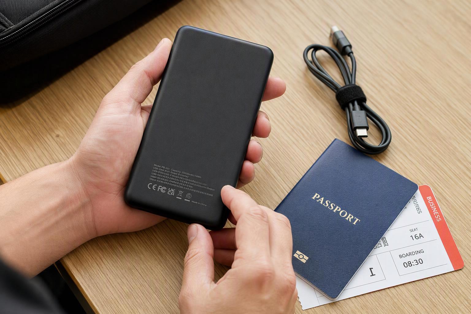 A traveller checking the printed specifications label on a power bank beside a passport and boarding pass