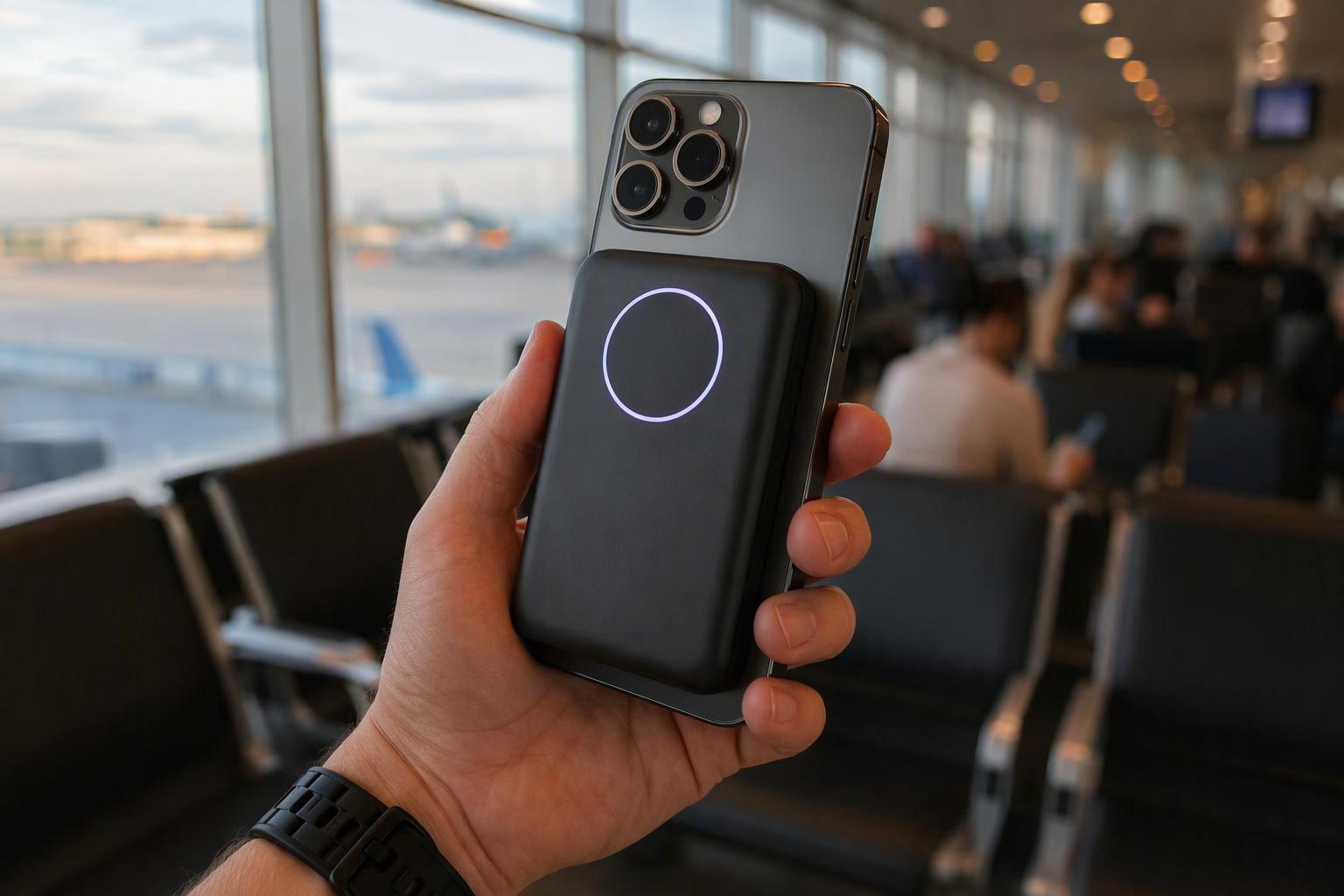 A slim black magnetic power bank snapped onto the back of a phone in an airport departure lounge